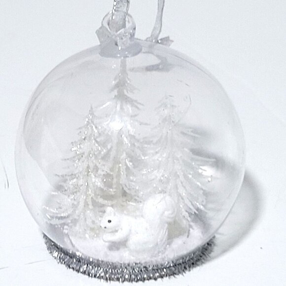 Snow Globe Christmas Ornament Squirrel Trees 4" x 4" Hanging Ribbon White - Picture 1 of 2